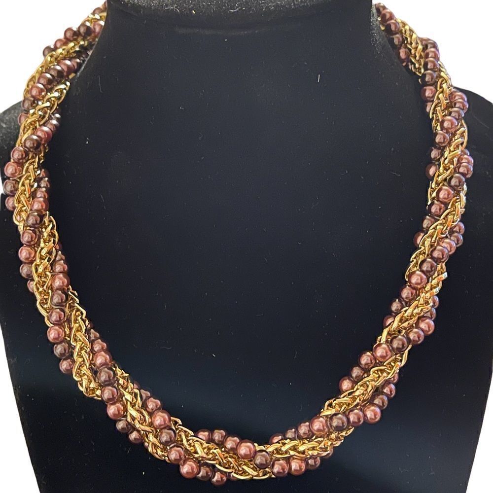 NWOT Charter Club twisted brown faux pearls and gold tone chain necklace